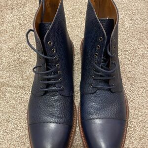 Navy Blue Lace-Up Boots with Textured Leather and Rounded Toe